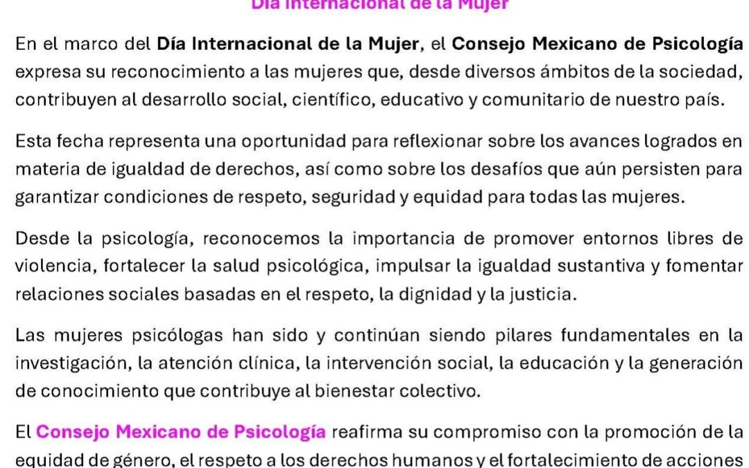 Mensaje del Consejo Mexicano de Psicología con motivo del 8 de&nbsp;marzo