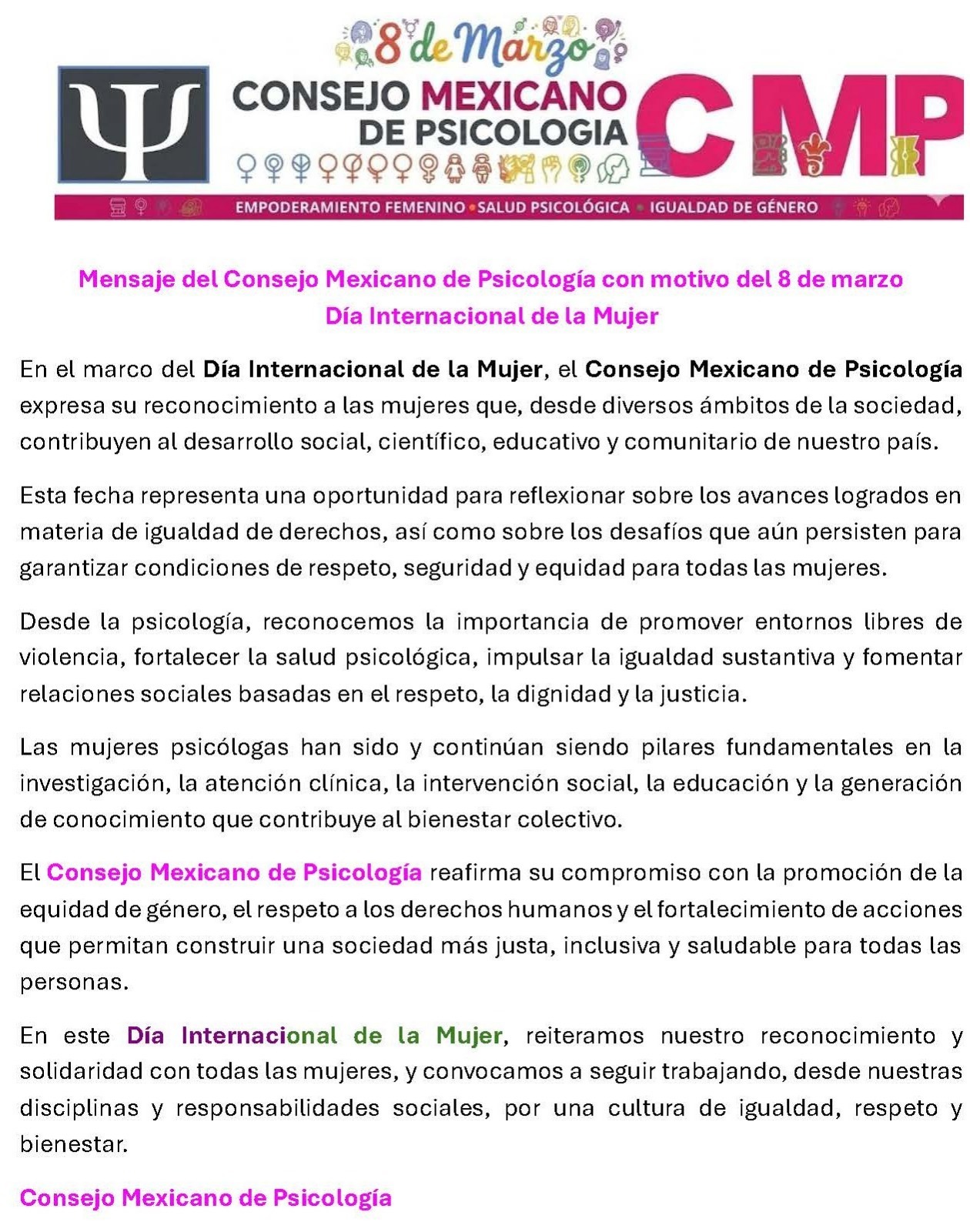 Mensaje del Consejo Mexicano de Psicología con motivo del 8 de&nbsp;marzo